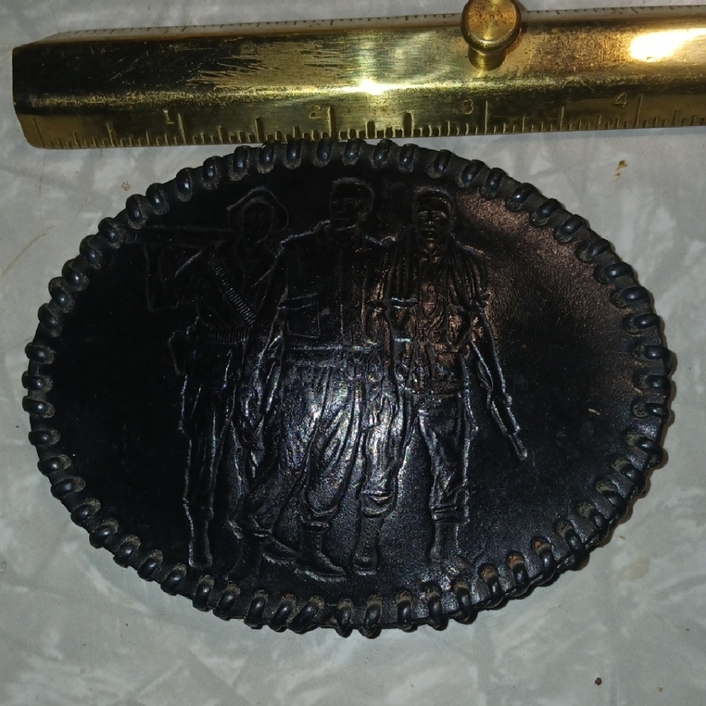 Vintage Veteran Soldier Military Memorial Black Leather Embossed Belt Buckle